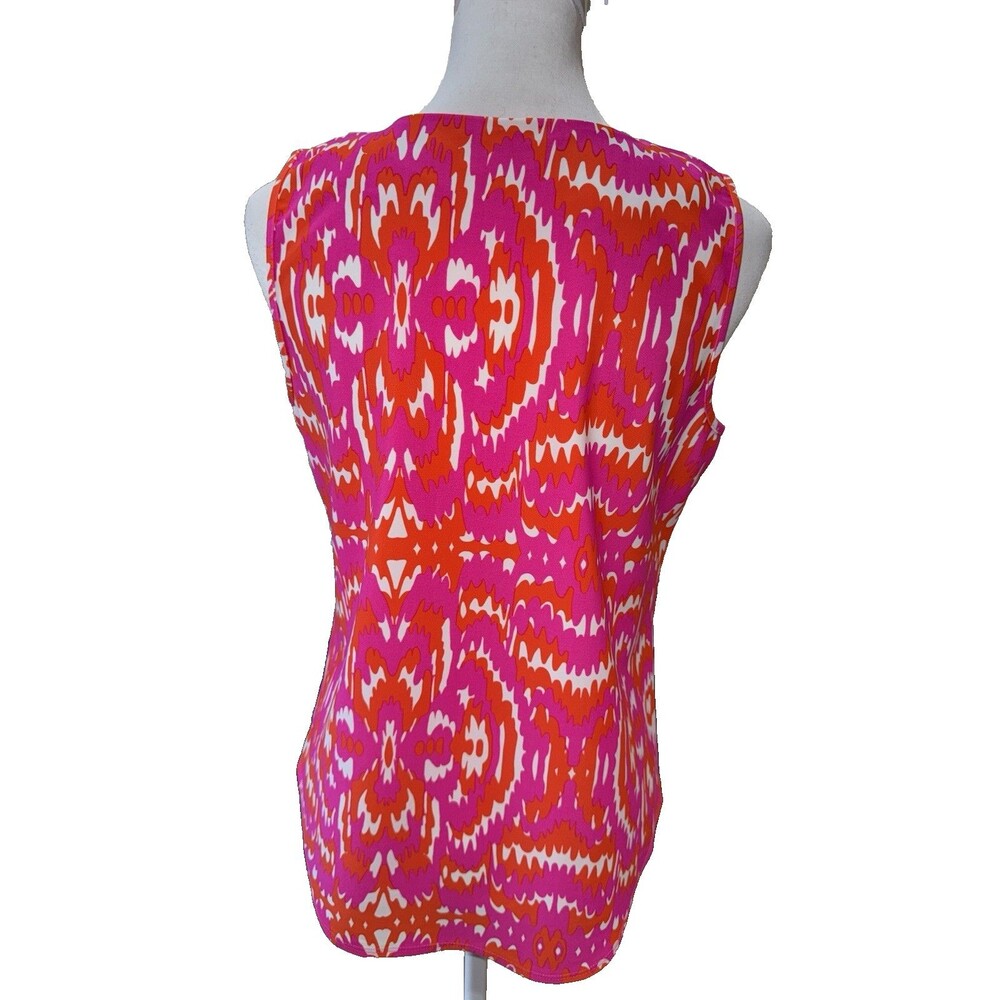 Jude Connally Pink Orange Ikat Sleeveless V-Neck Stretch Knit Top Made In USA  M - Picture 4 of 11